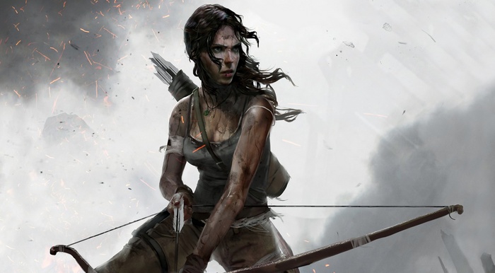 Lara Croft drawing her bow in a battle scene