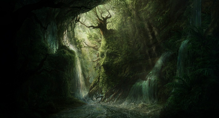 Fantasy forest with waterfalls and a face in the rocks