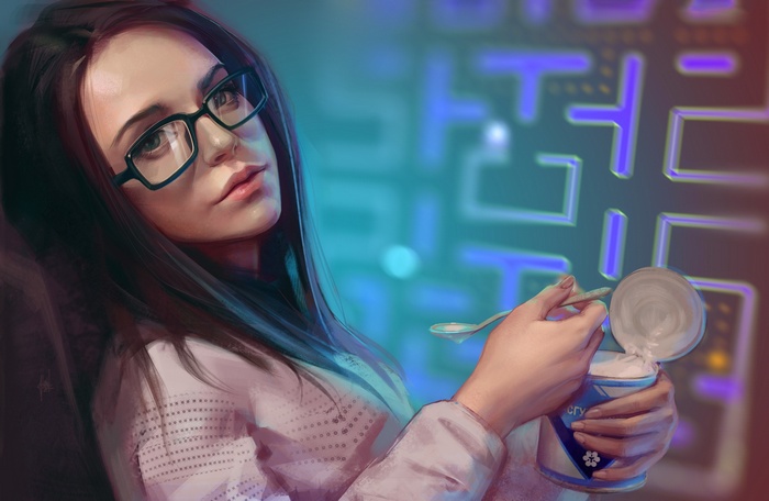 Woman with glasses eating from a can
