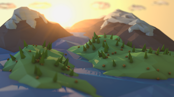 Low poly landscape with mountains, river, and trees at sunset