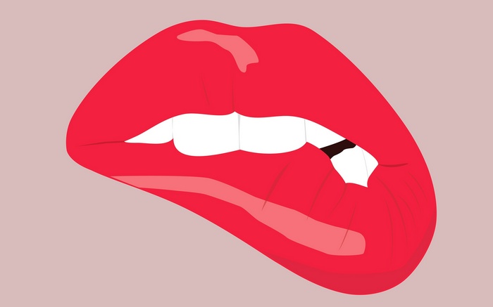teeth, biting lip, lips, minimalism, simple background, mouths, digital art