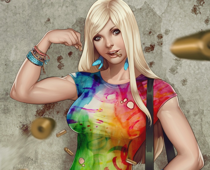Blonde woman in colorful tie-dye shirt