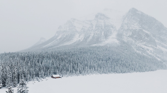 Snowy mountains and forest with a cabin