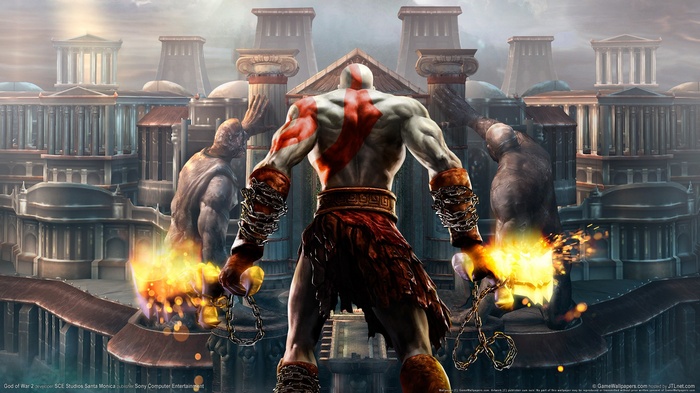 Kratos in God of War with flaming blades