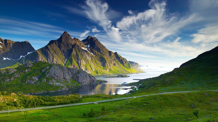 Mountains and coast with a road and water