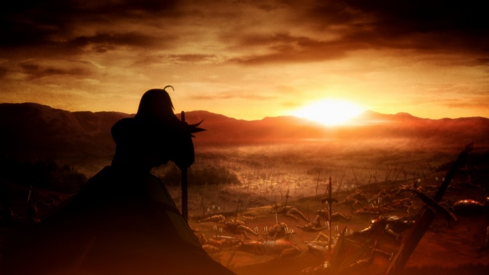 Fate/Zero Saber on a battlefield at sunset