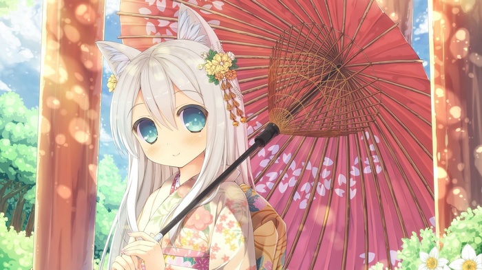 Anime Nekomimi Girl in Kimono Holding a Red Umbrella