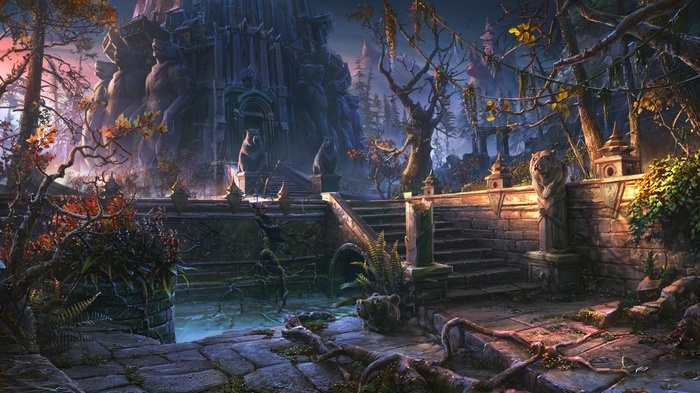 Stone bears guard a mystical castle entrance in a dark forest
