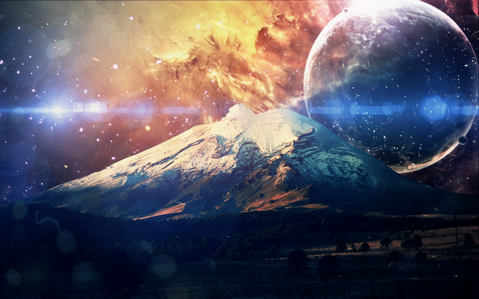 Mountain landscape with galaxy and planet