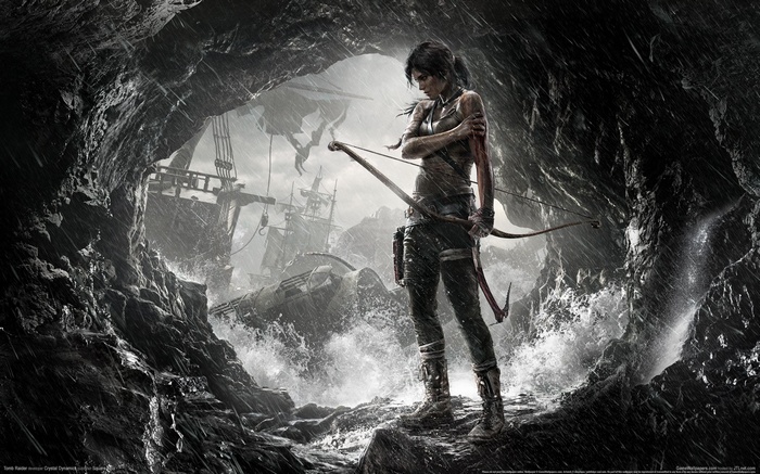 Lara Croft with Bow in Cave with Shipwrecks