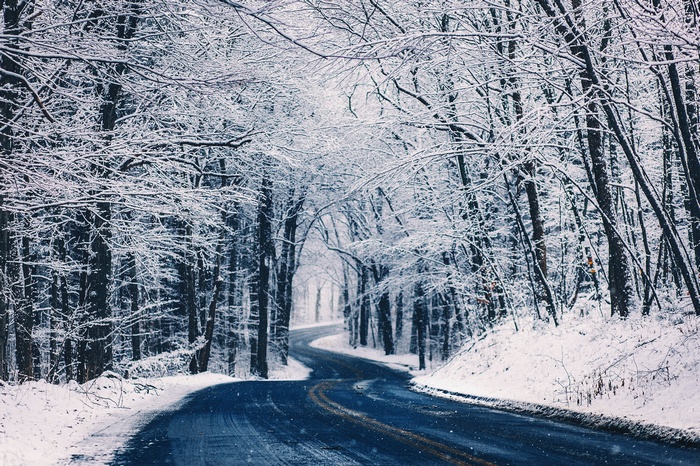 A winding road through a snow-covered forest in winter