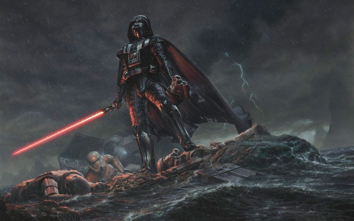 Darth Vader stands on a stormy sea with fallen stormtroopers