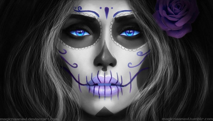 Woman with Sugar Skull face paint and purple rose
