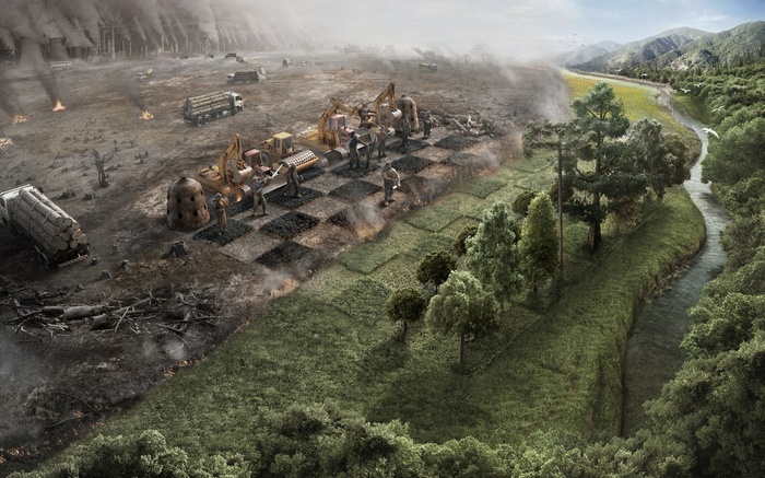 Digital art depicting environmental destruction and nature