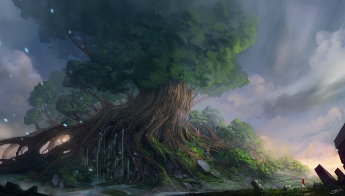 Fantasy art of a giant ancient tree with waterfalls