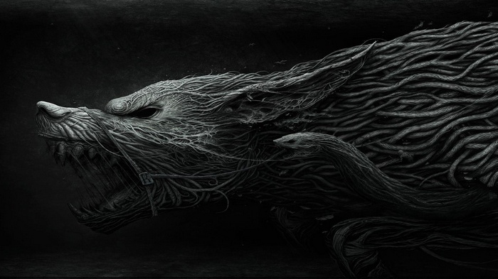 Monochrome artwork of a wolf made of roots