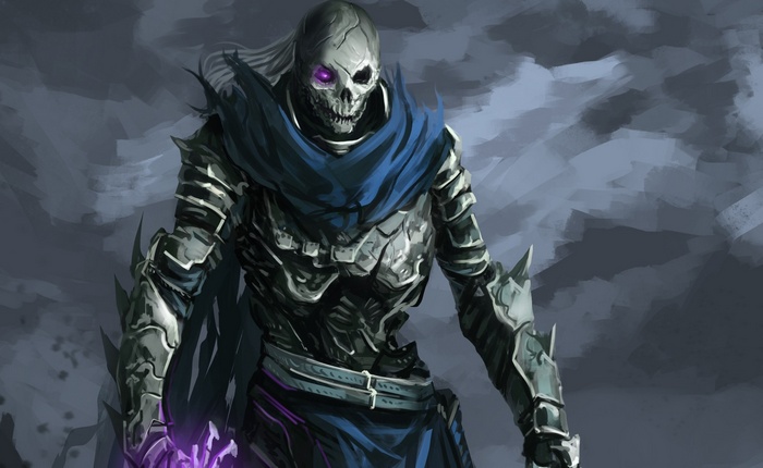 Skeleton warrior in armor with purple eyes
