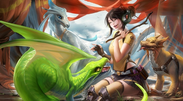 Fantasy art of a woman with dragons