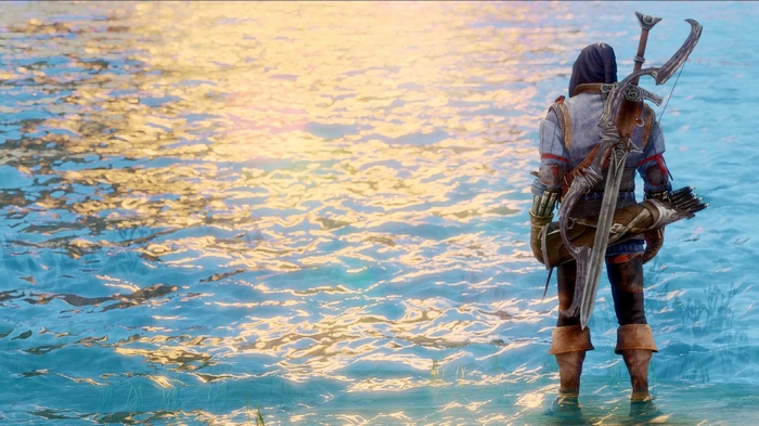 Archer with bow and sword standing in water