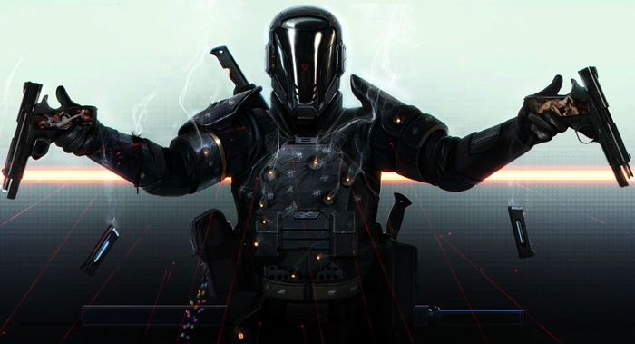 Futuristic soldier with dual pistols and glowing effects