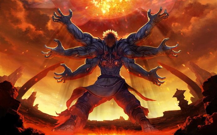 Asura from Asura's Wrath in a fiery landscape