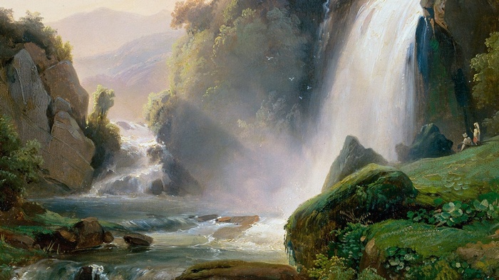 Painting of a waterfall with rocks and sunlight