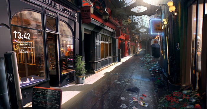 Futuristic market street with shops and signs