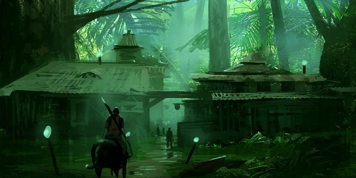 Fantasy art of a jungle village with a rider