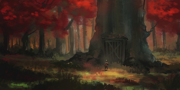Fantasy art of a person in a red forest