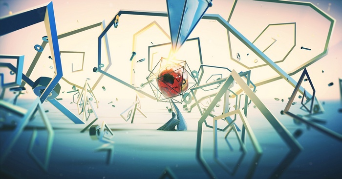 Abstract geometric shapes and a red orb