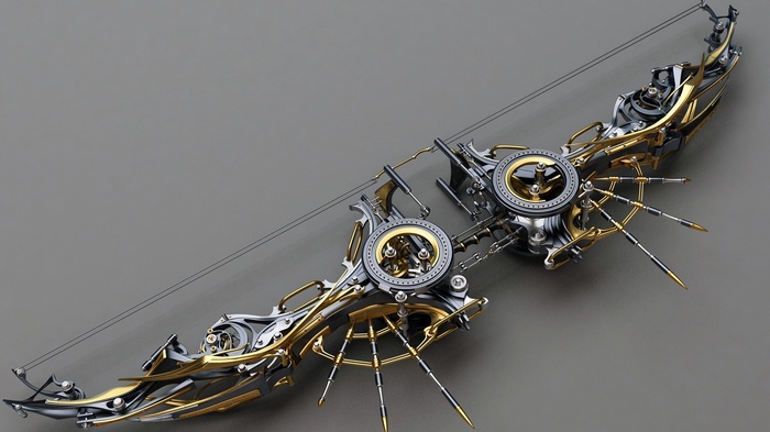 Steampunk science fiction bow with intricate mechanical details