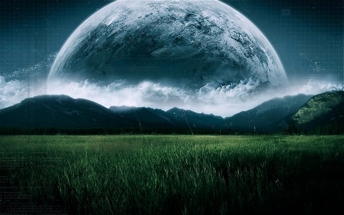 Planet over mountains and grassy field with digital grid