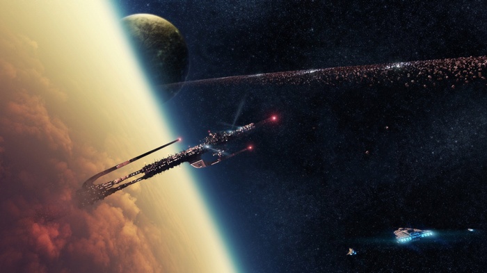 Spaceship near a ringed planet and asteroid belt