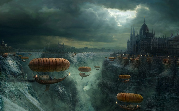 Steampunk airships over a canyon city