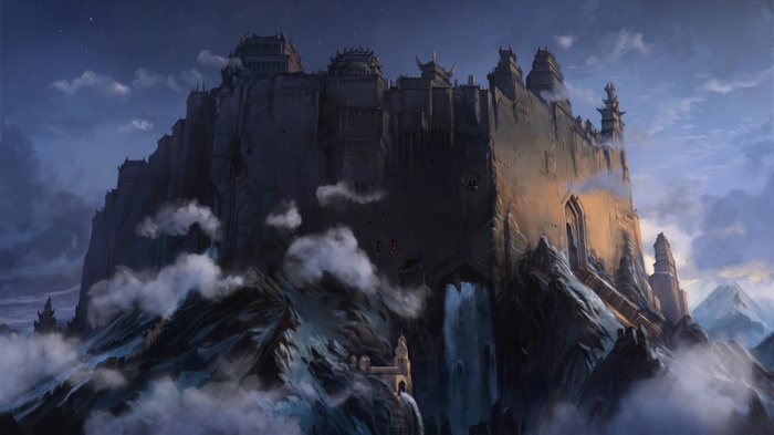 Fantasy castle on a mountain peak with clouds