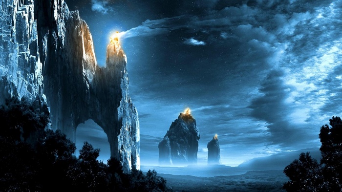 Fantasy art of mountains at night with glowing peaks