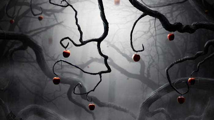 Dark fantasy art with apples on bare branches