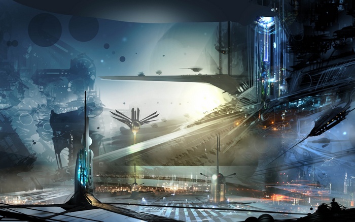 Futuristic Cityscape with Flying Vehicles