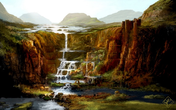 Fantasy art of a cascading waterfall with ancient ruins