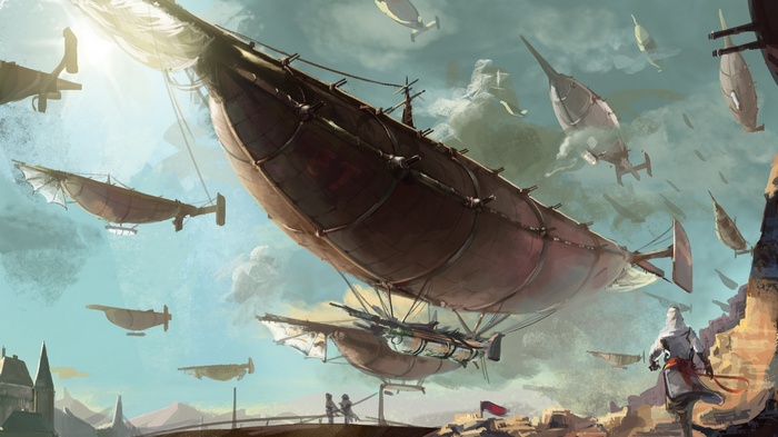 Fantasy airships flying over a steampunk city