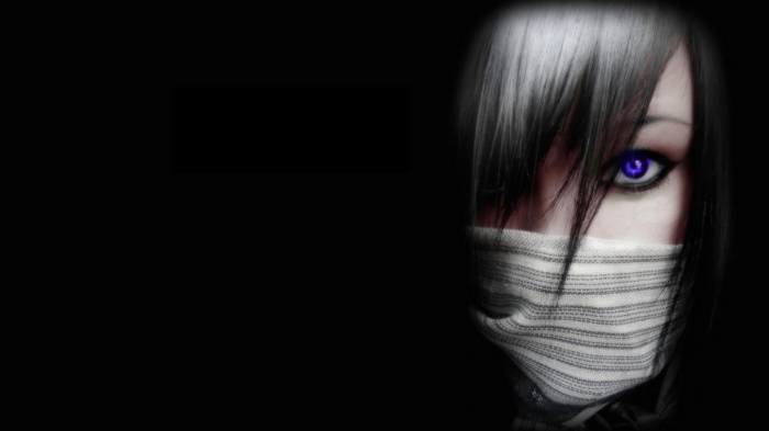 Anime girl with silver hair and purple eyes wearing a mask