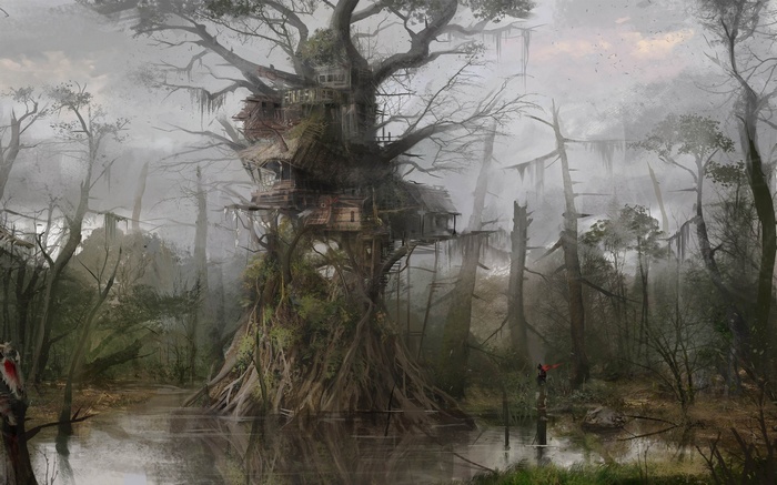 Fantasy treehouse in a misty swamp
