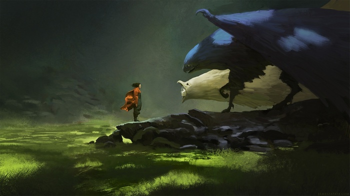 A person faces two griffins in a grassy landscape