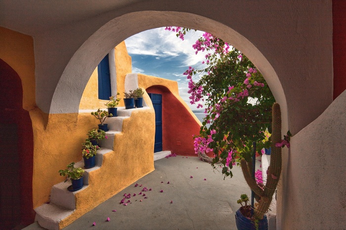 Archway view of Santorini with bougainvillea and cactus