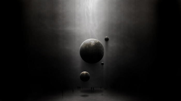 Planets in a dark, textured hall with light beam