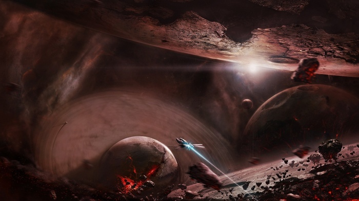 Spaceship in a cosmic debris field with planets