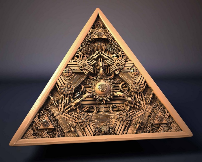 Intricate steampunk-style pyramid with sun symbol