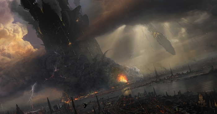 Science fiction artwork of a futuristic city under attack
