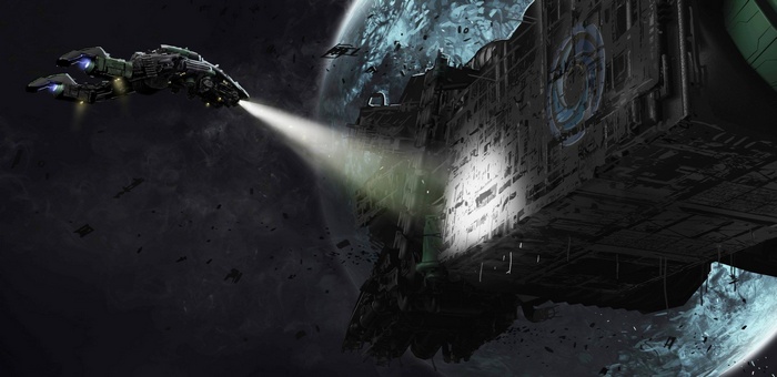 Spaceship firing beam at damaged space station near planet