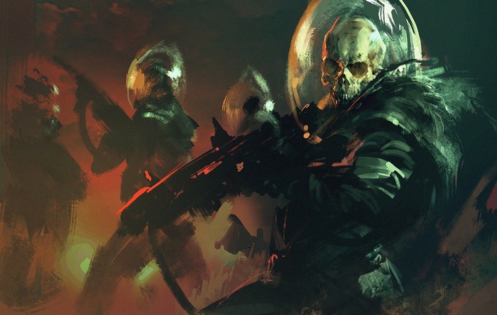 Skull-faced soldiers in futuristic armor with weapons